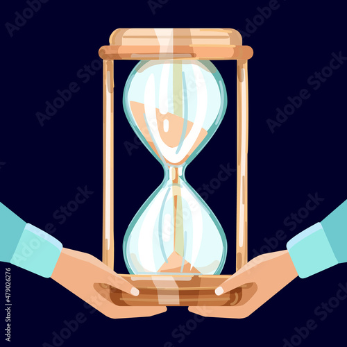 Time management concept. Golden hourglass in human hands. Vector illustration on dark blue background.