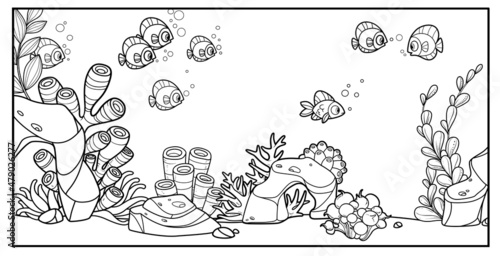 Fishes against the backdrop of the seabed with corals, algae, stones and anemones outlined variation for coloring page