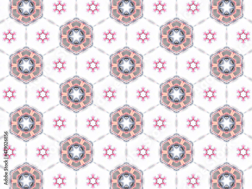 A sophisticated kaleidoscopic pattern in vibrant pink,  grey and white colors. An elaborate fashion surface print for textile design, packaging, wrapping paper and stationery.