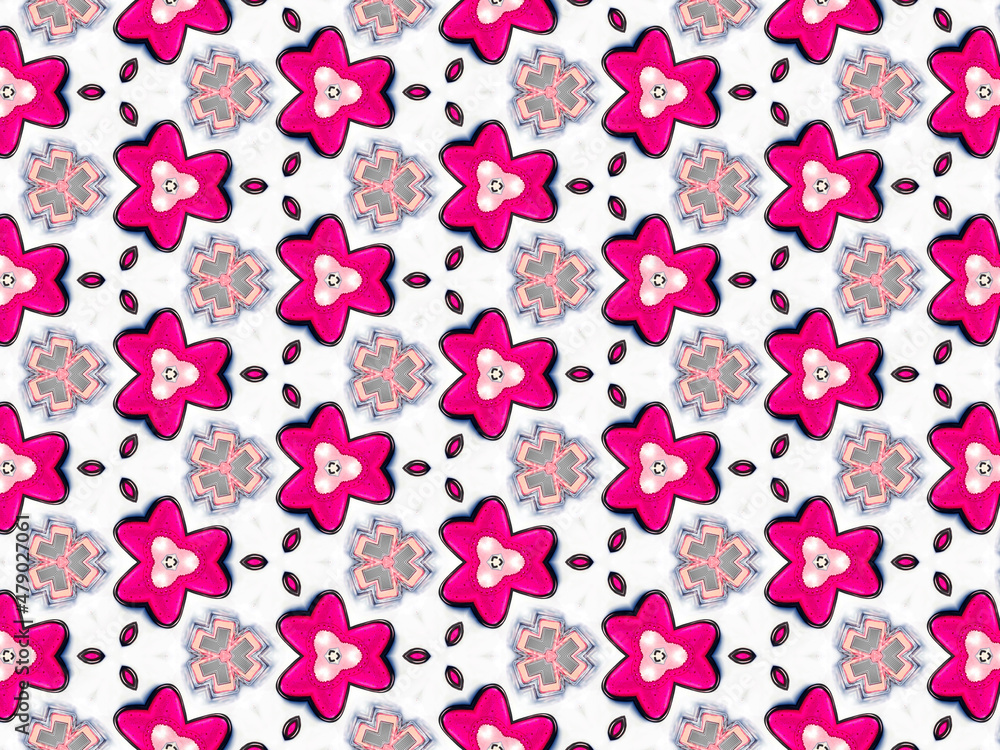 A sophisticated kaleidoscopic pattern in vibrant pink, red, grey and white colors. An elaborate fashion surface print for textile design, packaging, wrapping paper and stationery. A sophisticated kaleidoscopic pattern in vibrant pink, red, grey and white colors. An elaborate fashion surface print for textile design, packaging, wrapping paper and stationery.