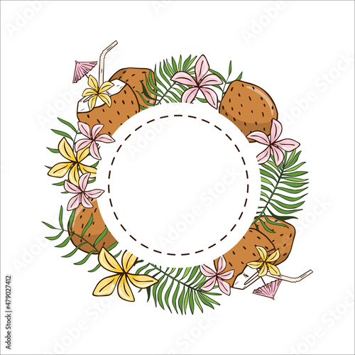 Frame sticker with tropical leaves and coconut fruits. Vector illustration for printing on a postcard, poster, banner. Cute baby background