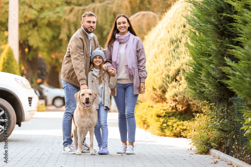 Happy family with Labrador dog walking on street