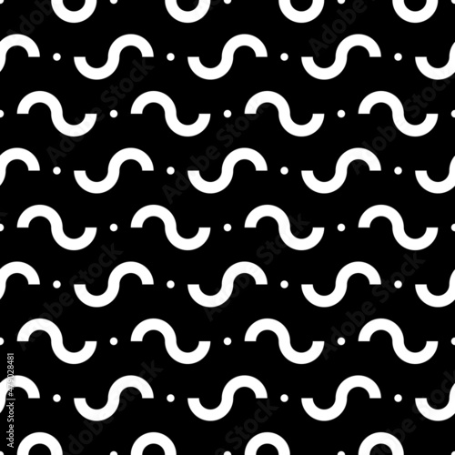 Curves, dots seamless pattern. Curved lines, mini circles print. Ethnic ornament. Folk wallpaper. Tribal motif. Wavy stripes, spots background. Geometrical shapes backdrop. Abstract image. Vector art