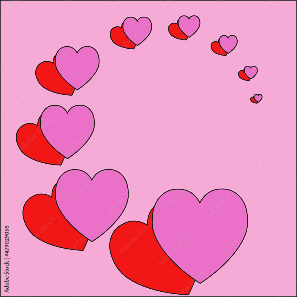 set of colorful spiral hearts on pink background