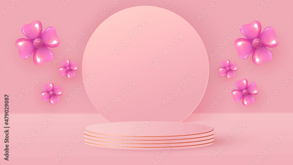 Minimalistic scene with pink cylindrical podium, round frame and flowers from balloons. Scene for the demonstration of a cosmetic product, showcase. Vector