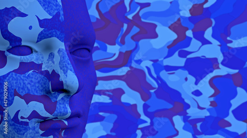 Gesicht mit Tarnfarbe vor camouflage blautöne Hintergrund - Tarnen - Verstecken - Täuschen