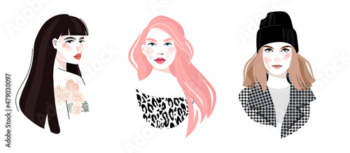 Set of portraits of women of different gender and age. Diversity. Vector flat illustration. Avatar for a social network.