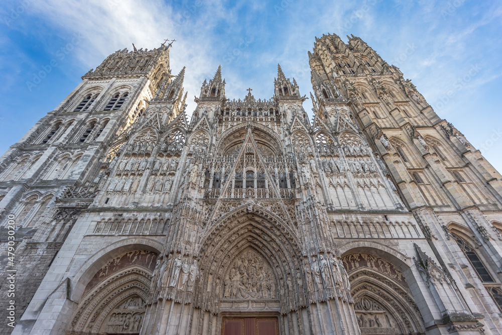Dramatic angle of gothic church in Rouen France