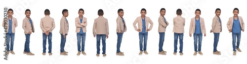 line of same boy possing with blazer and jeans on white background