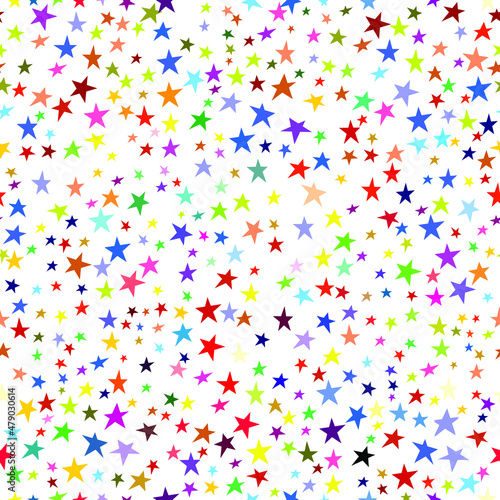 Vector seamless pattern of psychedelic colorful stars on white background.