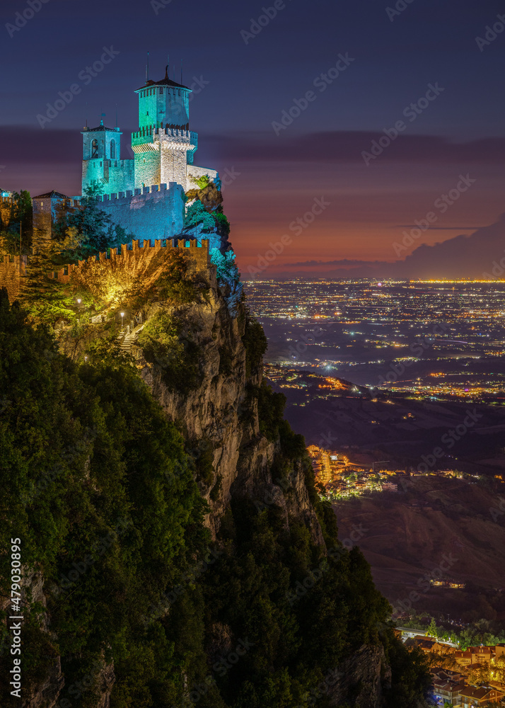 Amazing sunset view of Mount Titano and Guaita tower at Republic of San Marino