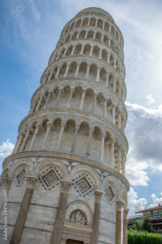 Pisa, Italy, September 2015, Leaning Tower of Pisa, bottom view against a blue sky