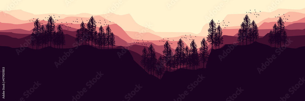 sunrise moment landscape mountain scenery vector illustration for pattern background, wallpaper, background template, and backdrop design - obrazy, fototapety, plakaty 