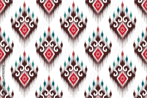 Ikat ethnic Moroccan pattern design. Aztec fabric carpet mandala ornament chevron textile decoration wallpaper. Tribal turkey African Indian traditional embroidery vector illustrations background 