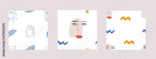 Trendy set of seamless pattern with abstract organic cut out Matisse inspired shapes of algae or corals and human figure. Female posture and geometric shapes simple flat design on white background.
