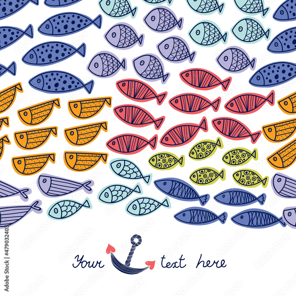 Wave of fish. Cute fish card. Cute vector sea motif. Wave of fish. Cute fish card. Cute vector sea motif.