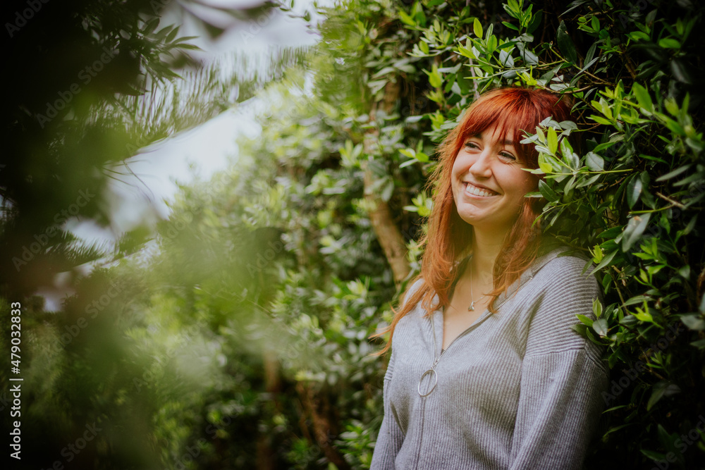 One person portrait, green background with forest, calm and fresh. One person portrait, green background with forest, calm and fresh.