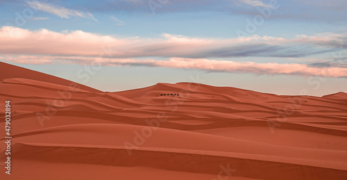 Beautiful view of sand dunes in sahara desert against cloudy sky  Sand dunes with waves pattern in desert
