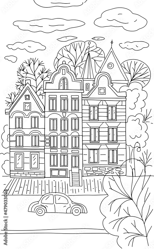 Houses Amsterdam coloring sketch street trees city car clouds in the sky postcard background hand drawn vector illustration

