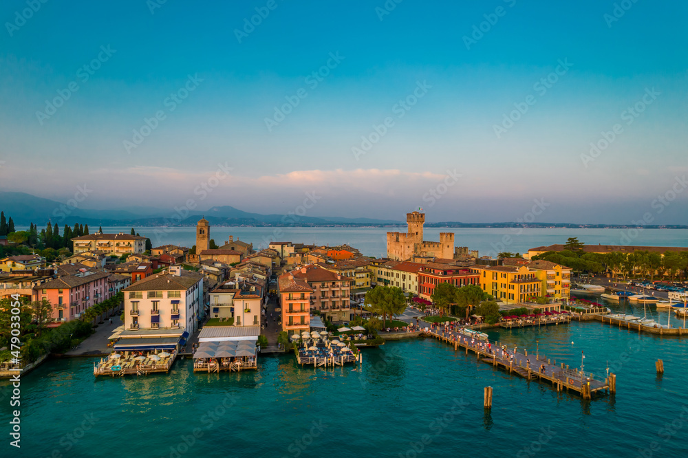 Aerial top view photo Sirmione city old town panorama on lake Garda in Lombardy, Italy. 