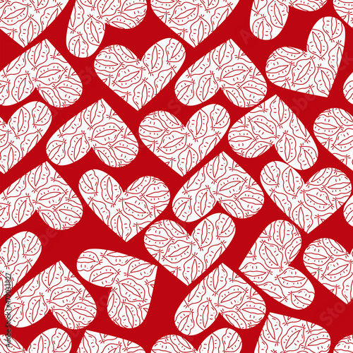 Vector illustration. Cute seamless love pattern: hand-drawn heart shape made up of kisses, lips. Doodle illustration in cartoon style. Festive design for print and textile, wallpaper, wrapping.