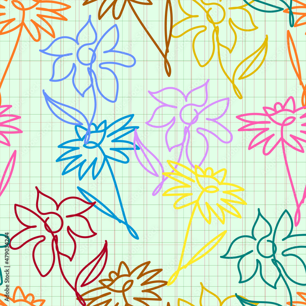Seamless pattern, continuous line of hand-drawn flowers. Multicolored flower outlines on a thin grid