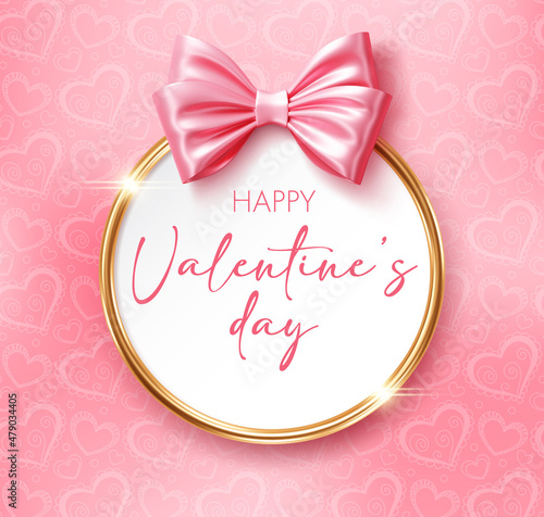 Valentines Day background with ribbon bow. Design element for greeting card or sale banner. Vector illustration