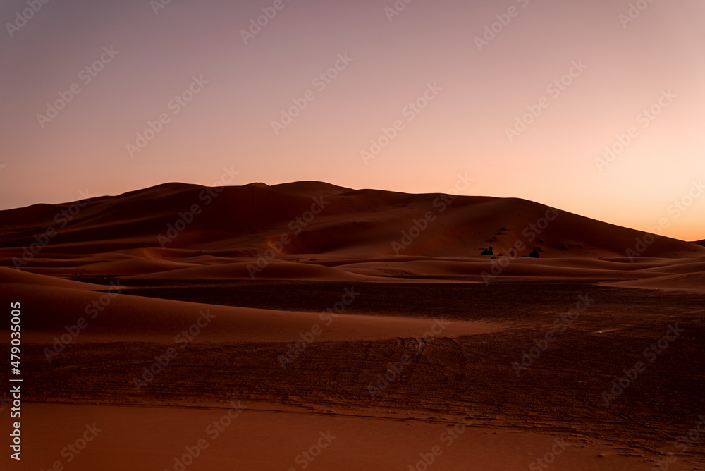 Beautiful view of sand dunes in sahara desert during dusk, Sunset over sand dunes in desert landscape