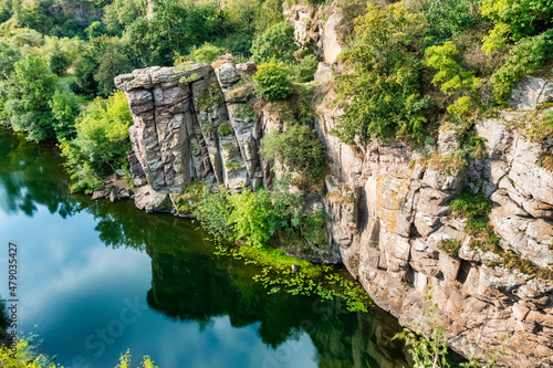 Amazing aerial view of Buky canyon on a sunny day. Buka canyon on the Girsky Tikich river, Cherkasy region, Ukraine. Concept, travel, outdoor recreation