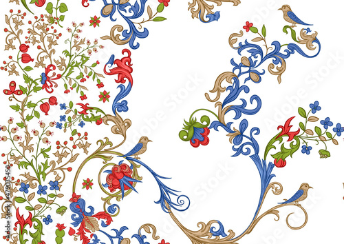 Floral vintage seamless pattern. Medieval illuminati manuscript inspiration. Design for wrapping paper, wallpaper, fabrics and fashion clothes. Vector illustration. Isolated on white background.