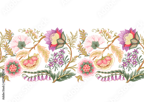 Fantasy flowers in retro, vintage, jacobean embroidery style. Border line seamless pattern, background. Vector illustration.