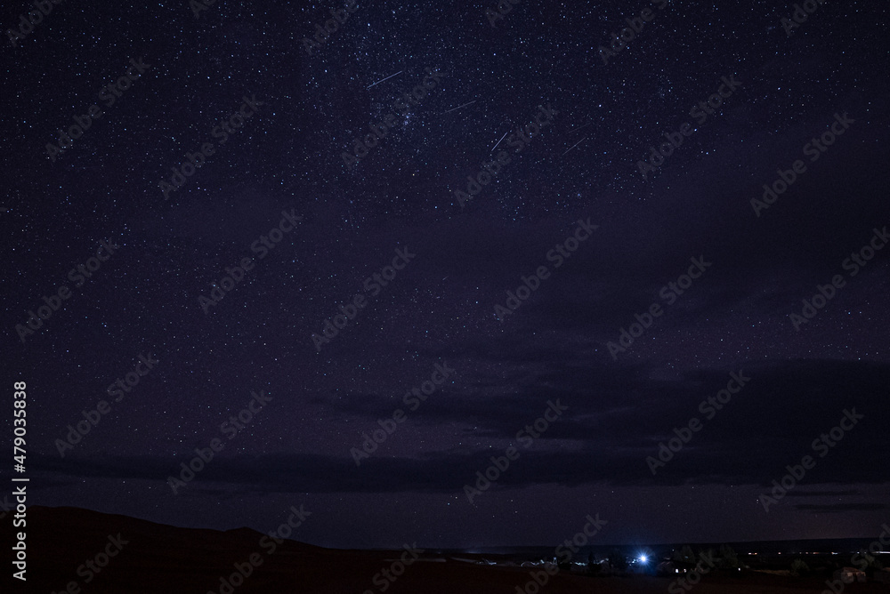 Beautiful view of stars over sand in sahara desert at night, Silhouette of desert landscape with starry sky at night
