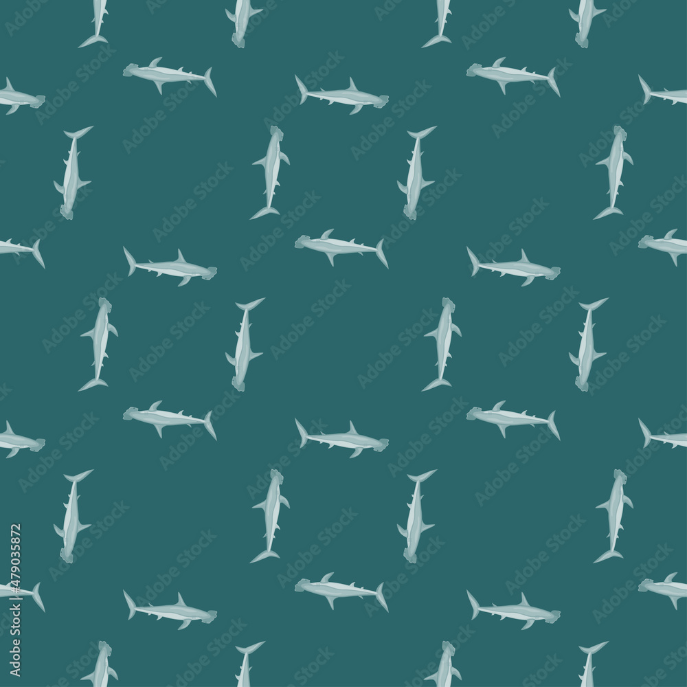 Hammerhead shark seamless pattern in scandinavian style. Marine animals background. Vector illustration for children funny textile.