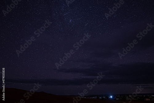Beautiful view of stars over sand in sahara desert at night, Silhouette of desert landscape with starry sky at night