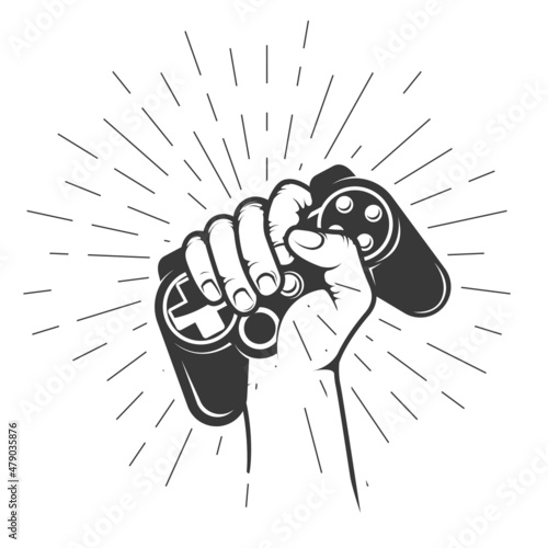Hand holds gamepad, oldschool videogame joystick, gamer squeeze in hand game controller, vector