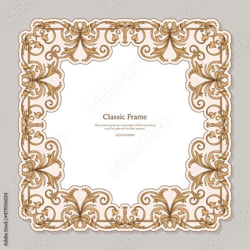 Baroque frame decor. Detailed rich ornament graphic line art. Vector illustration in beige colors