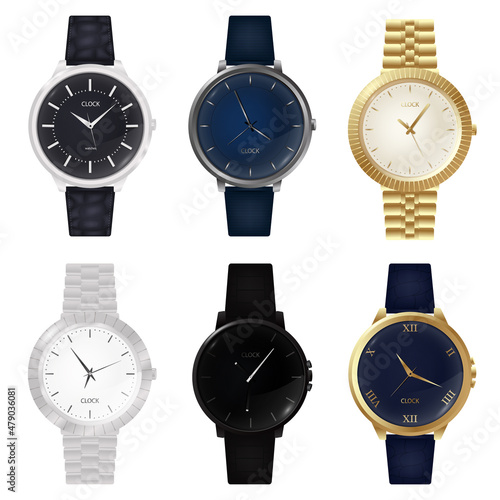 Wristwatches. Realistic luxury silver and golden men watches with modern steel bracelets fashion. 3D classic and modern business watches with chronograph, metal and leather bracelet.