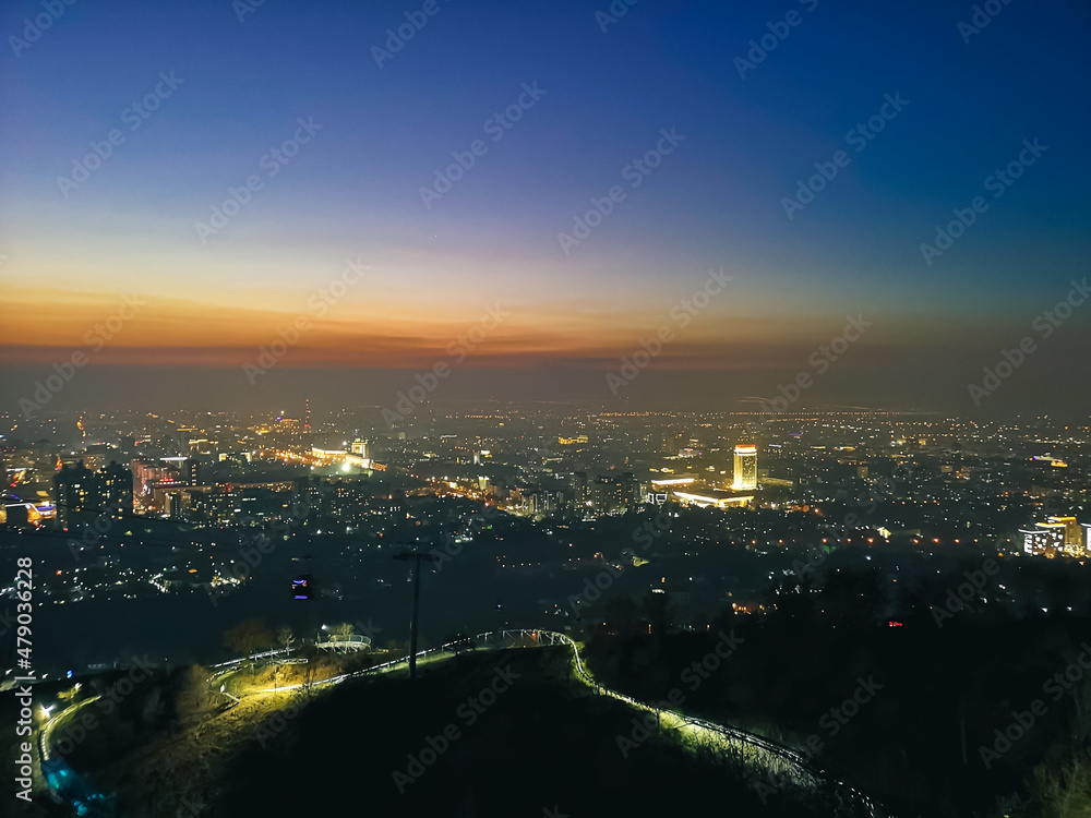 Night view from Kok Tobe Mountain to the city of Almaty