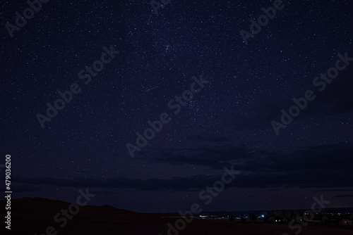 Beautiful view of stars over sand in sahara desert at night, Silhouette of desert landscape with starry sky at night