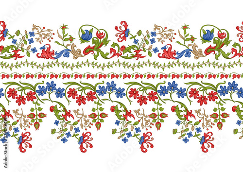 Floral vintage border line seamless pattern. Medieval illuminati manuscript inspiration. Design for wrapping paper, wallpaper, fabrics and fashion clothes. Vector illustration.