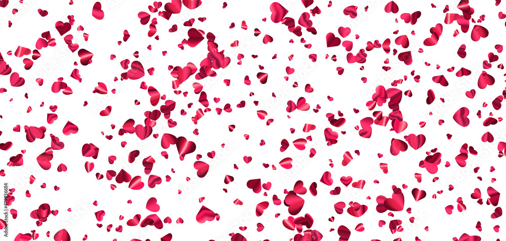 Pink foil hearts confetti on white background.