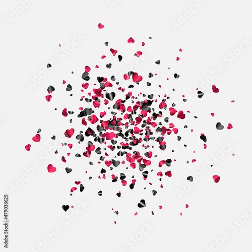 Pink and black foil hearts confetti on white background.