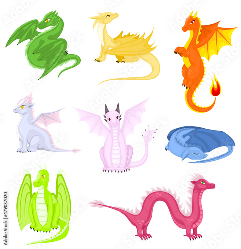 Set of dragons cartoon on white background. Fairy cute dragonfly icons collection. Baby fire dragon or dinosaur cute characters isolated vector.