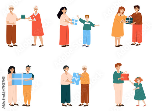 People giving and receiving gifts set, men, women and kids celebrating holidays. People and New Year gifts flat vector illustration.