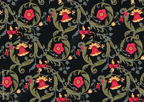 Seamless pattern with stylized flowers In baroque, rococo, victorian, renaissance medieval style. In decorative style. Ethnic patterned ornate hand drawn.medieval style. Vector illustration.
