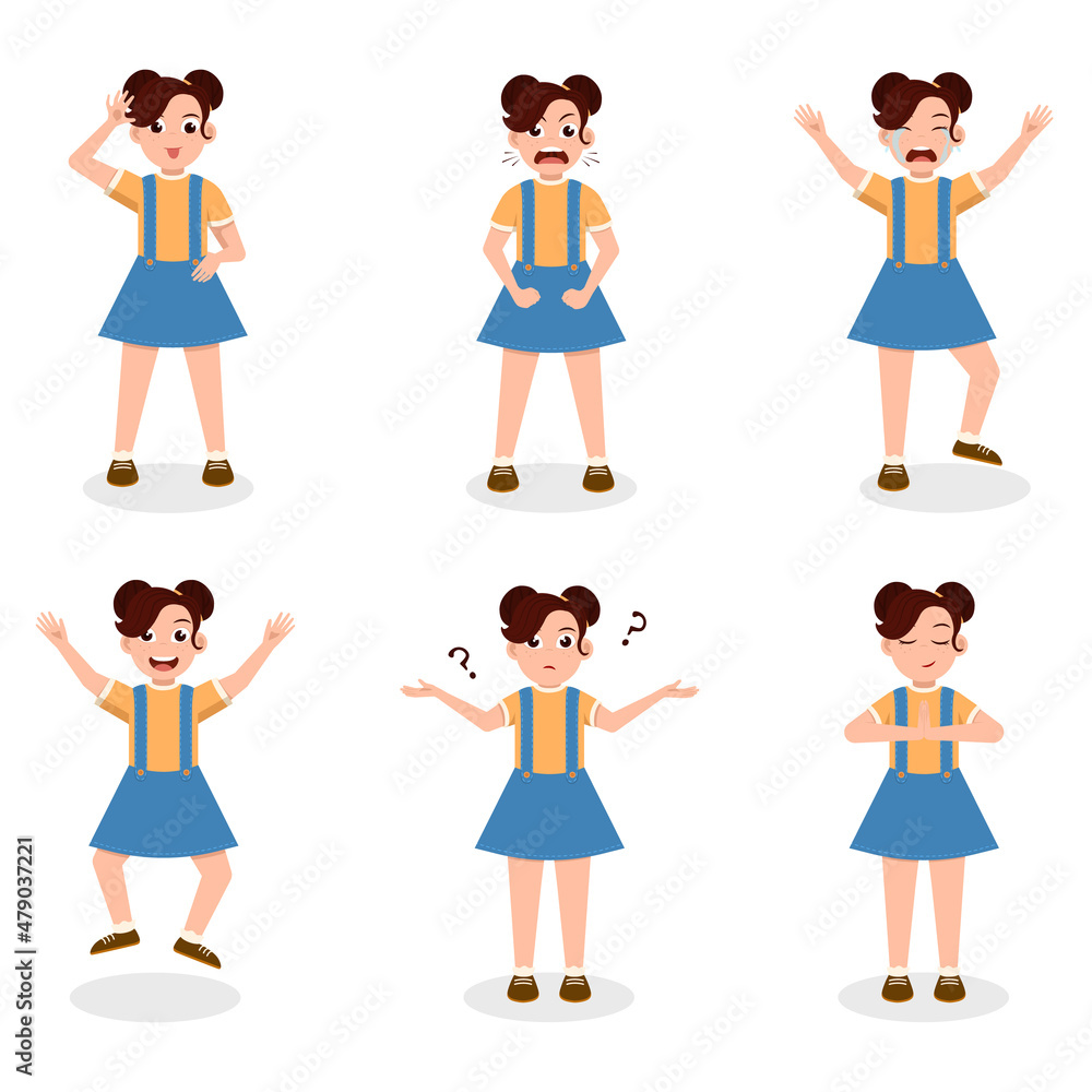 Vector cute little baby girl dressed. Little Girl Character Set. Kid child expression vector illustration set bundle