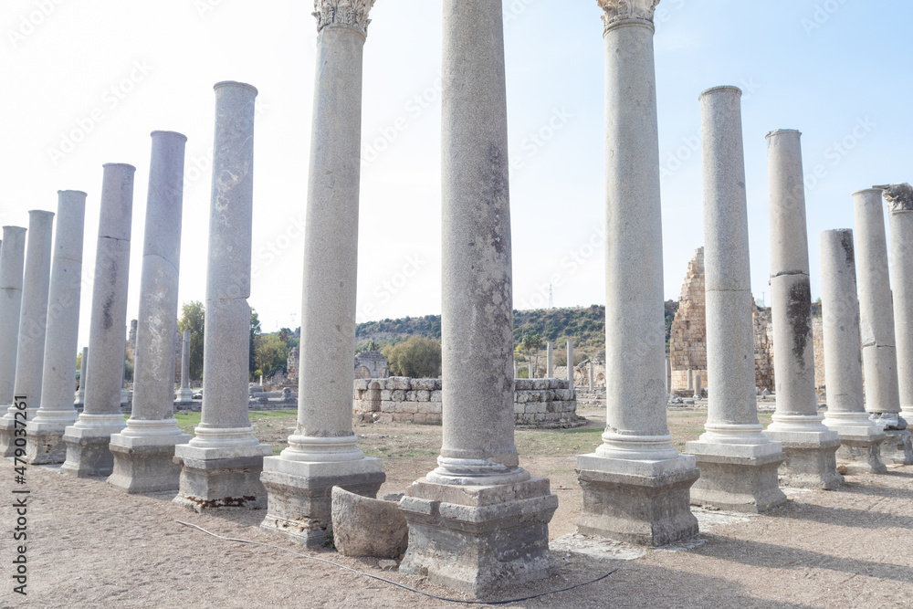 Ancient columns. Ancient city of Perge near Antalya