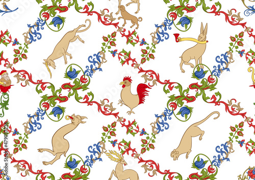 Floral and animals vintage seamless pattern. Medieval illuminati manuscript inspiration. Design for wrapping paper, wallpaper. Vector illustration. Isolated on white background.