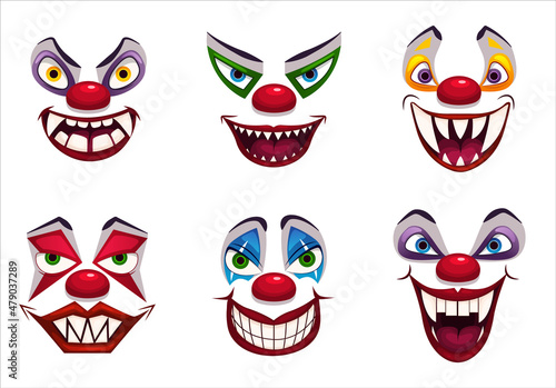 Creepy clown faces. Isolated on white. Scary circus concept. Vector illustration EPS10