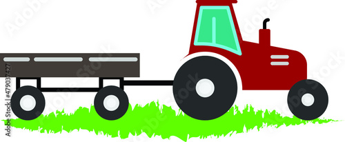 Red tractor with trailer on rural landscape